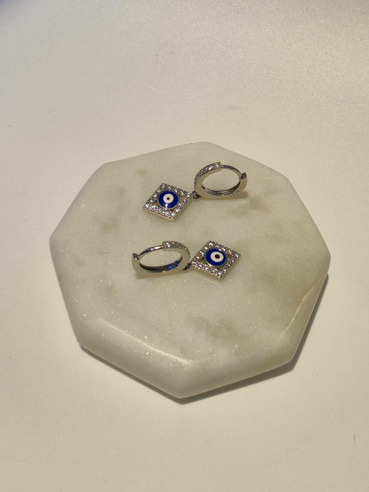Diamond Shaped evil eye Silver hoop